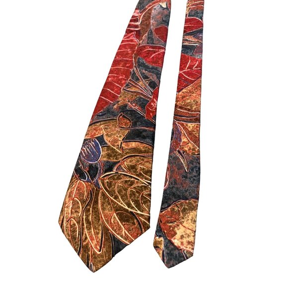 Adams Row Mens Tie Microfiber Red Brown Leaf Pattern Necktie - Picture 1 of 5